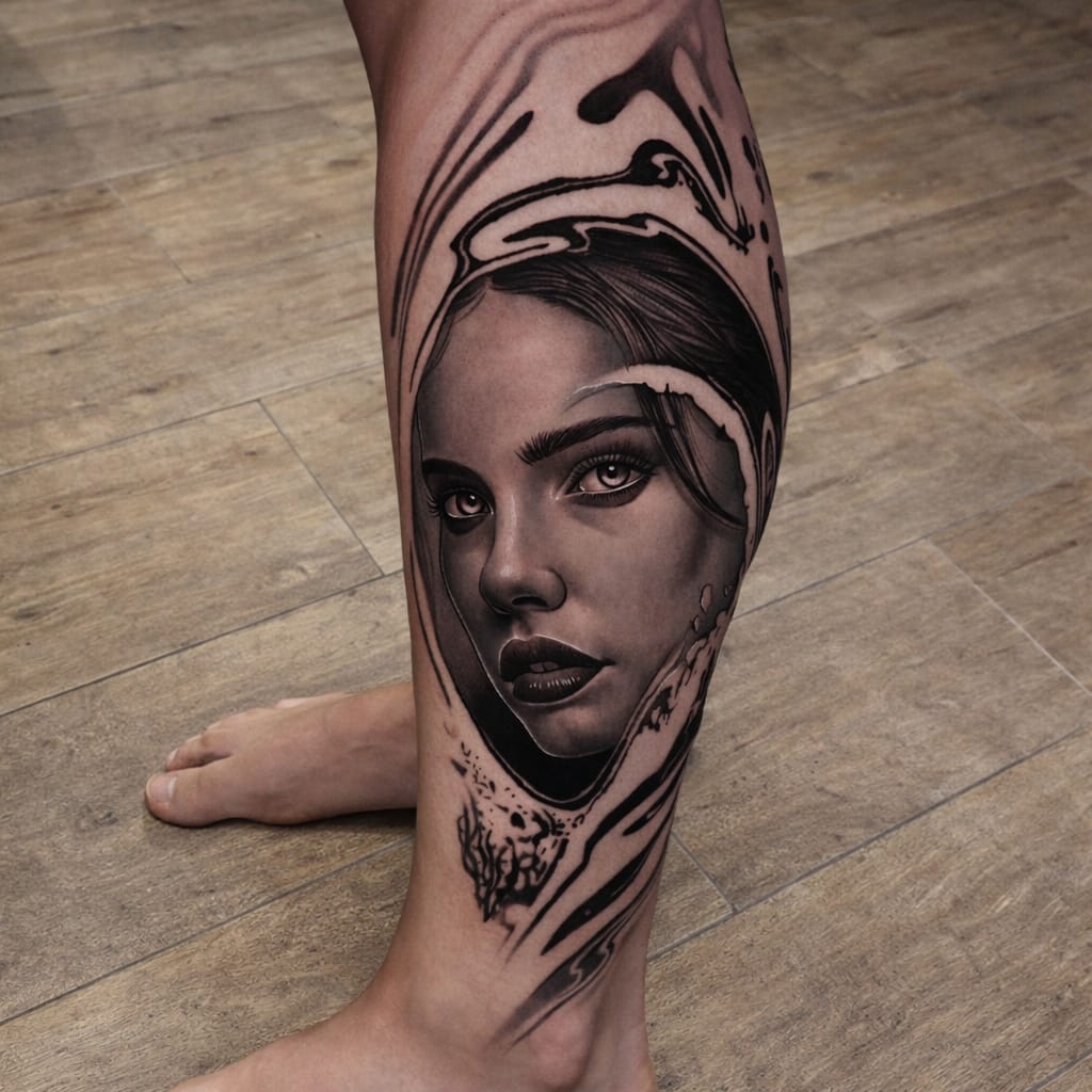 Black & Grey female face with water effect on leg